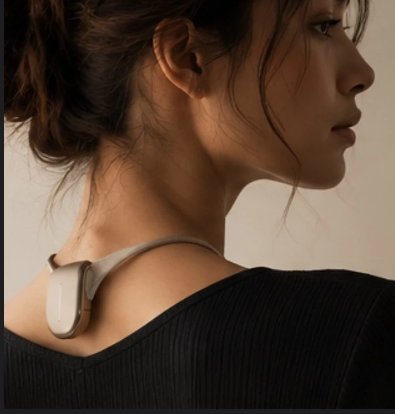 Slim A-line wearable at the upper back on a female model